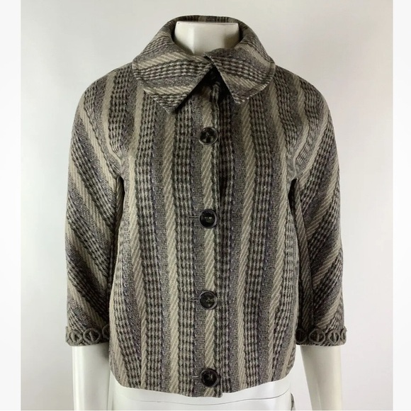 Rena Lange Sz 4 US 100% Virgin Wool Knit Blazer Brown Striped Silk Lined - Picture 1 of 9